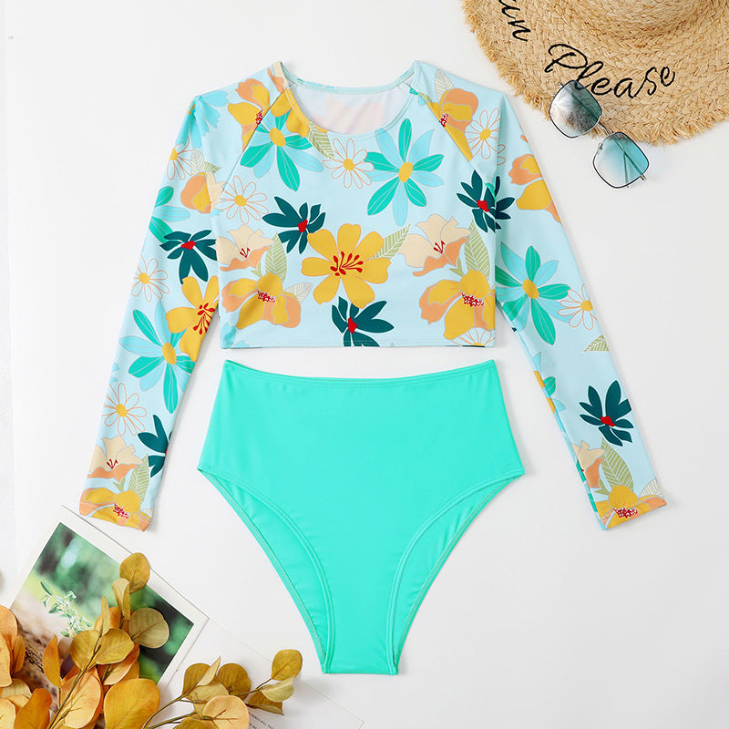 New Digital Print High Neck Long Sleeve Bikini with High Waist Split - Women's Surf Swimsuit