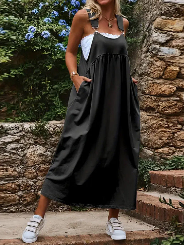 Plus Size Women's Solid Color Loose Casual Strap Maxi Dress with Relaxed Fit for Everyday Wear