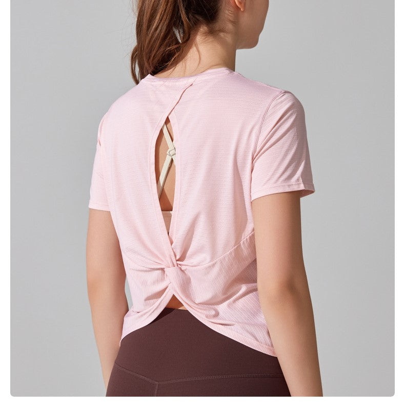 Women Short-Sleeved Yoga T-Shirt Vest - Lightweight Summer Fitness Top with Loose Fit and Breathable Hollow Back Design