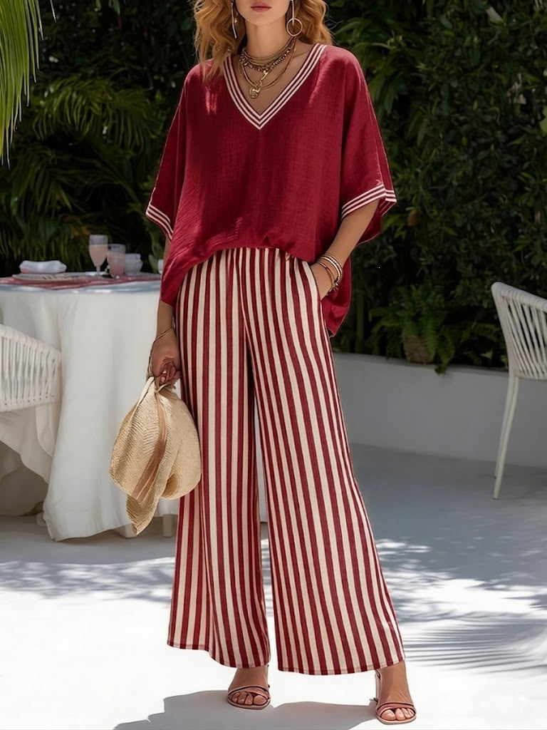 Women's V-Neck Top and Straight Striped Pants Two-Piece Casual Outfit Set