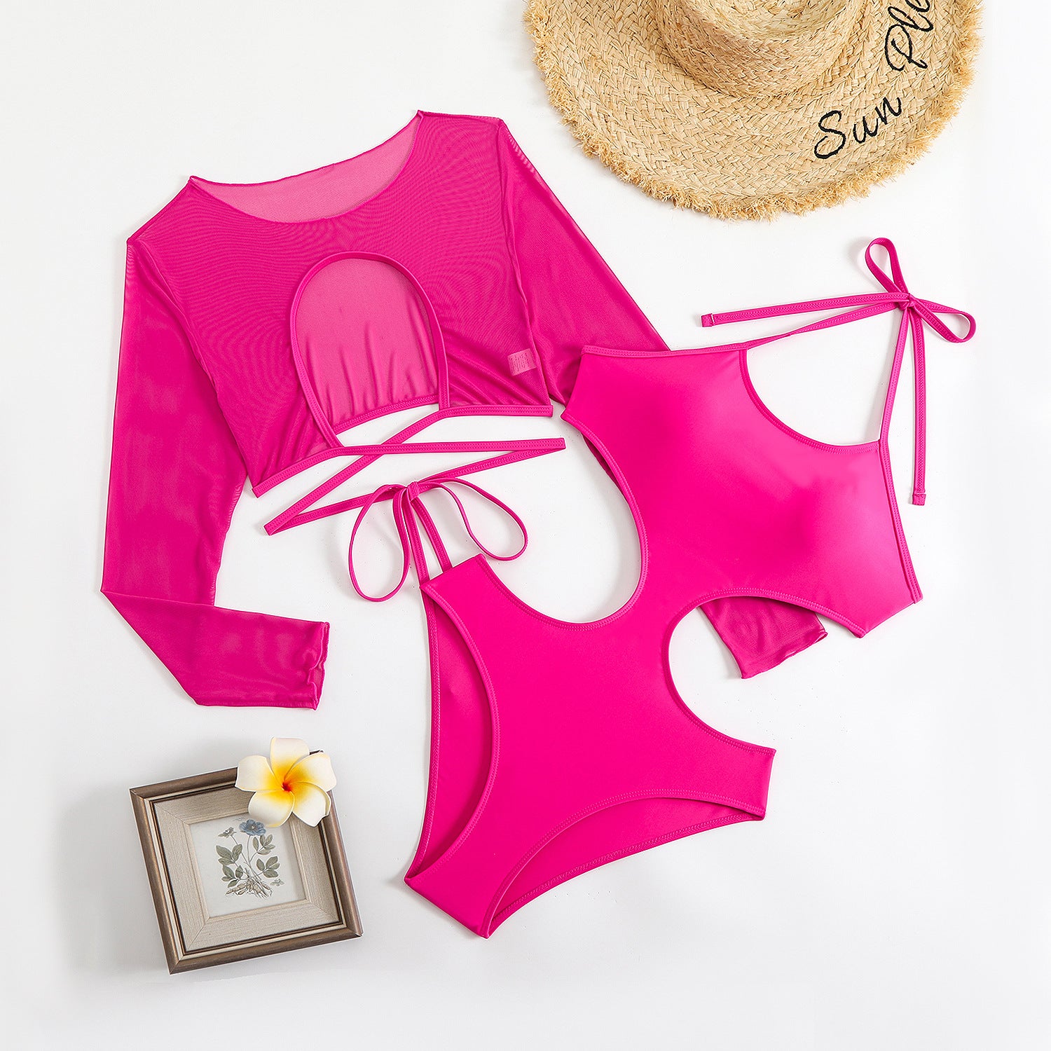 Mesh Strap Solid Color Bikini Swimsuit for Women