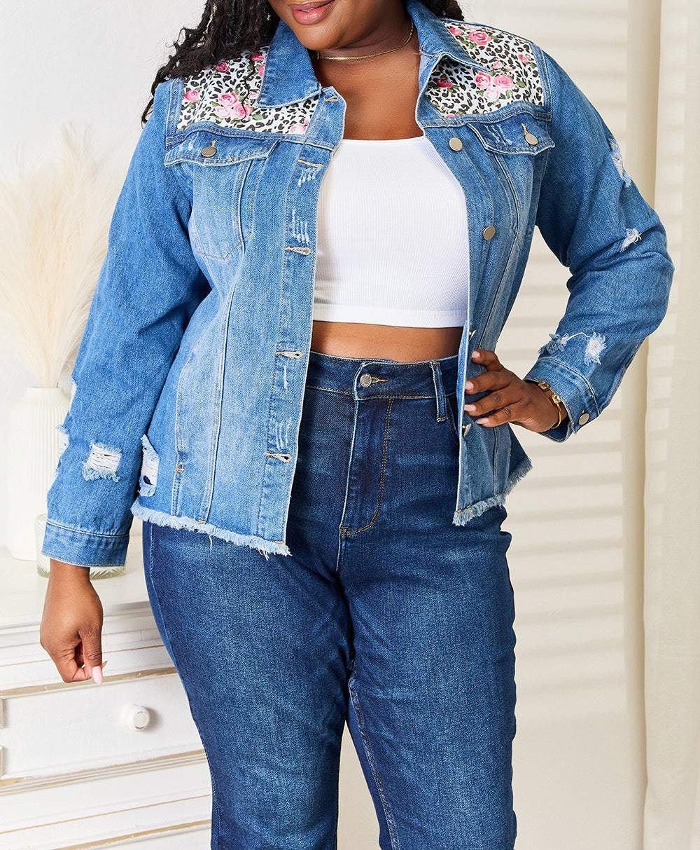 Baeful Leopard Floral Distressed Raw Hem Denim Jacket