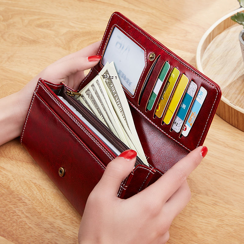 Women’s Long Retro Wax Leather Wallet – Large Capacity Clutch & Mobile Phone Holder – Multi-Card Organizer