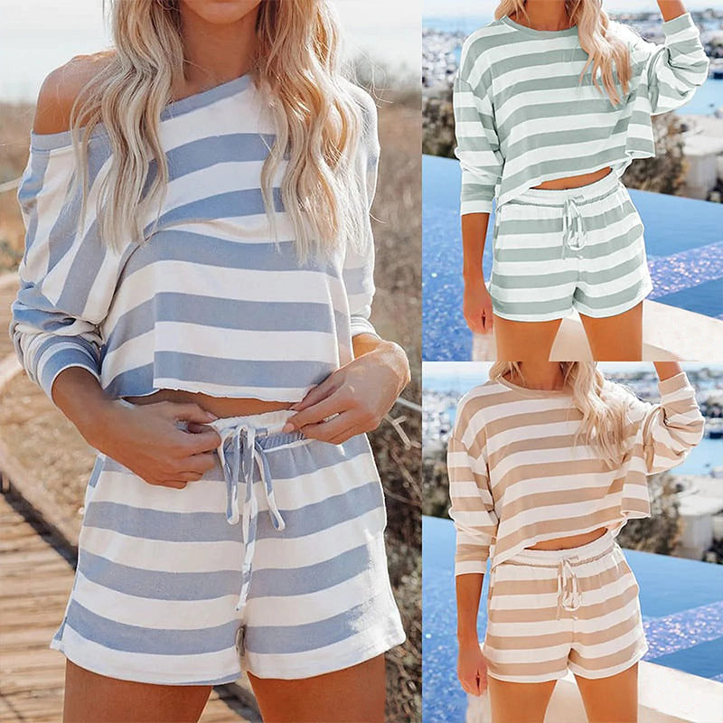 Women's Round Neck Striped Long-Sleeve Top & Casual Shorts 2-Piece Set