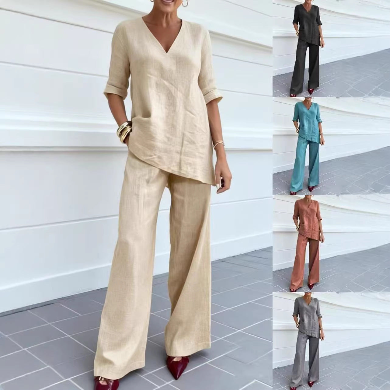 Women's Solid Color V-Neck Top and Wide-Leg Pants Two-Piece Set