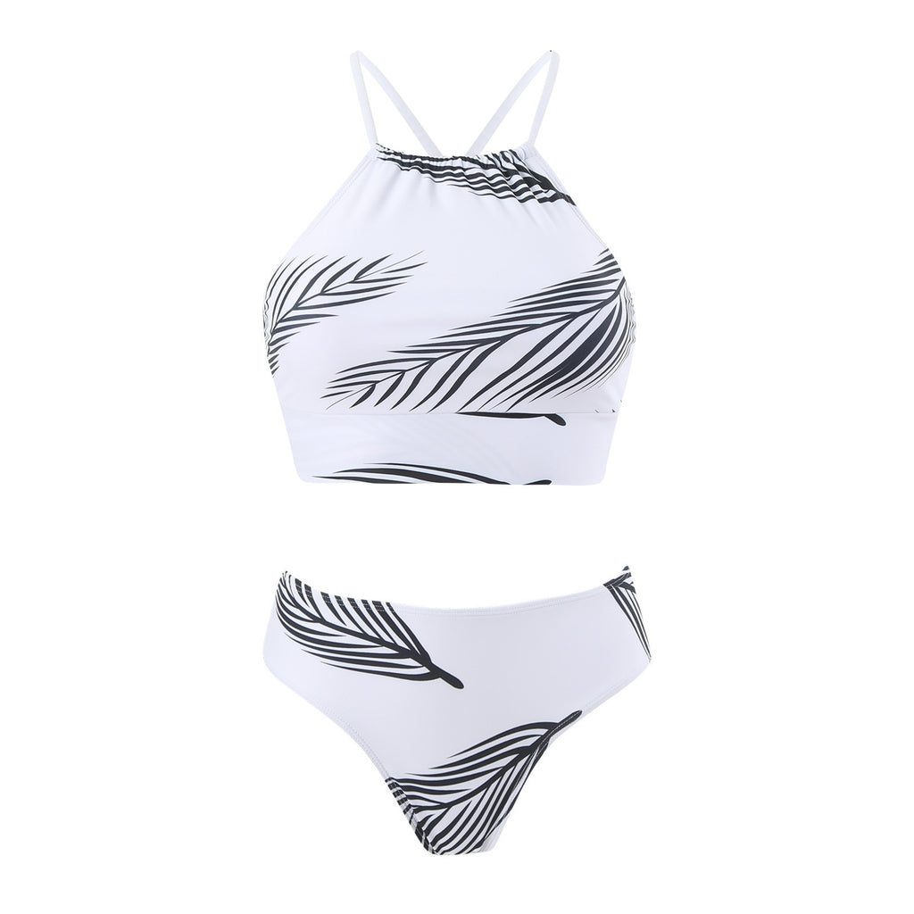 Three-Piece Skirt-Style Sunscreen Swimsuit with Feather Print - Women's Swimsuit