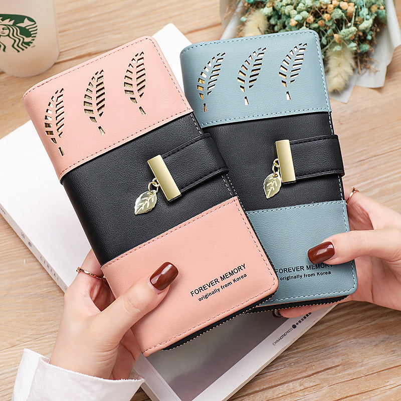 Spliced Color Long Folding Hollow Leaf Wallet for Women – Multi-Compartment Clutch Handbag & Mobile Phone Holder