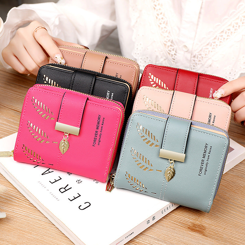 Money Card New Retro Style Women's Zipper Buckle Hollow Leaf Design Multi-Use Short Wallet