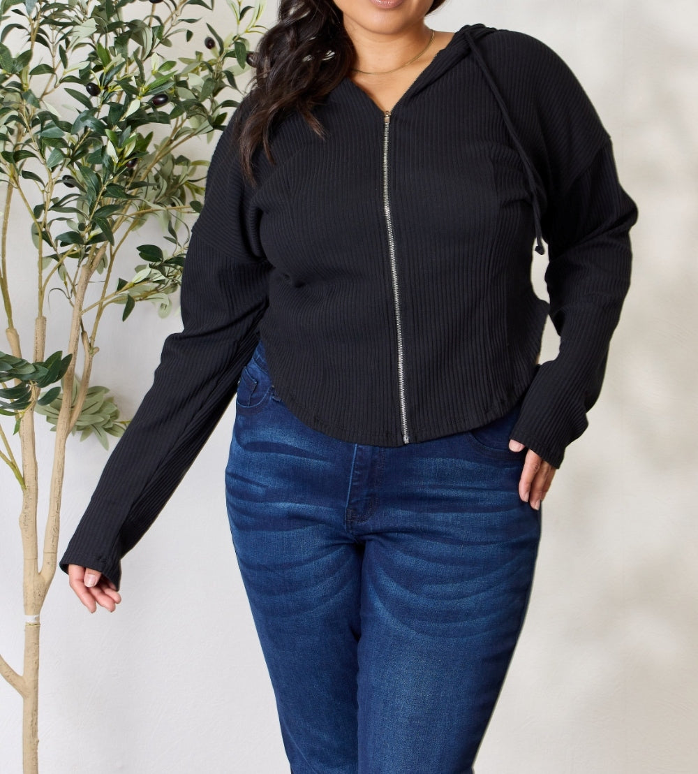 Culture Code Full Size Ribbed Zip Up Drawstring Hooded Jacket