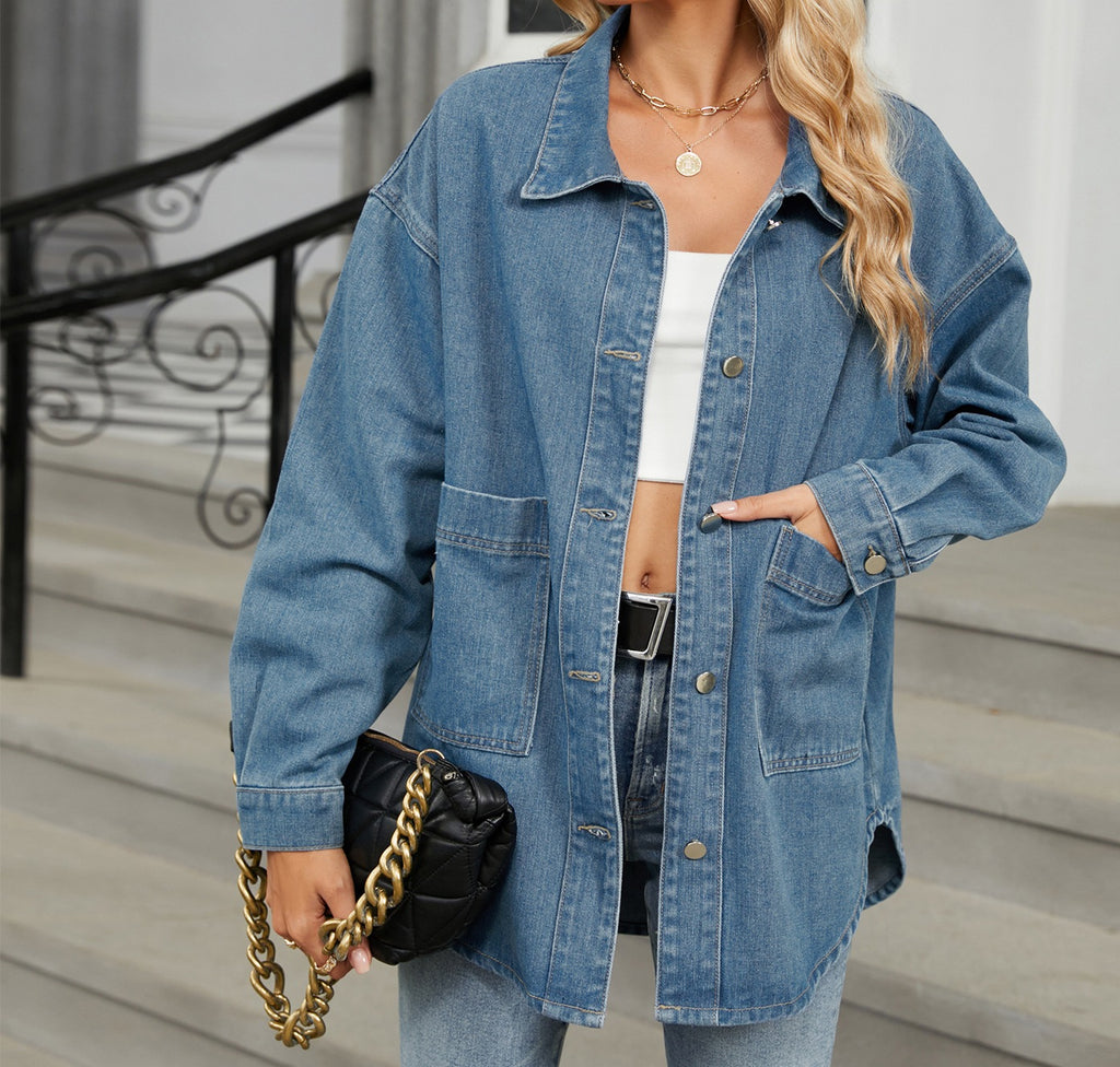 Women’s New Washed Loose-Fit Denim Jacket Long-Sleeved Hooded Top
