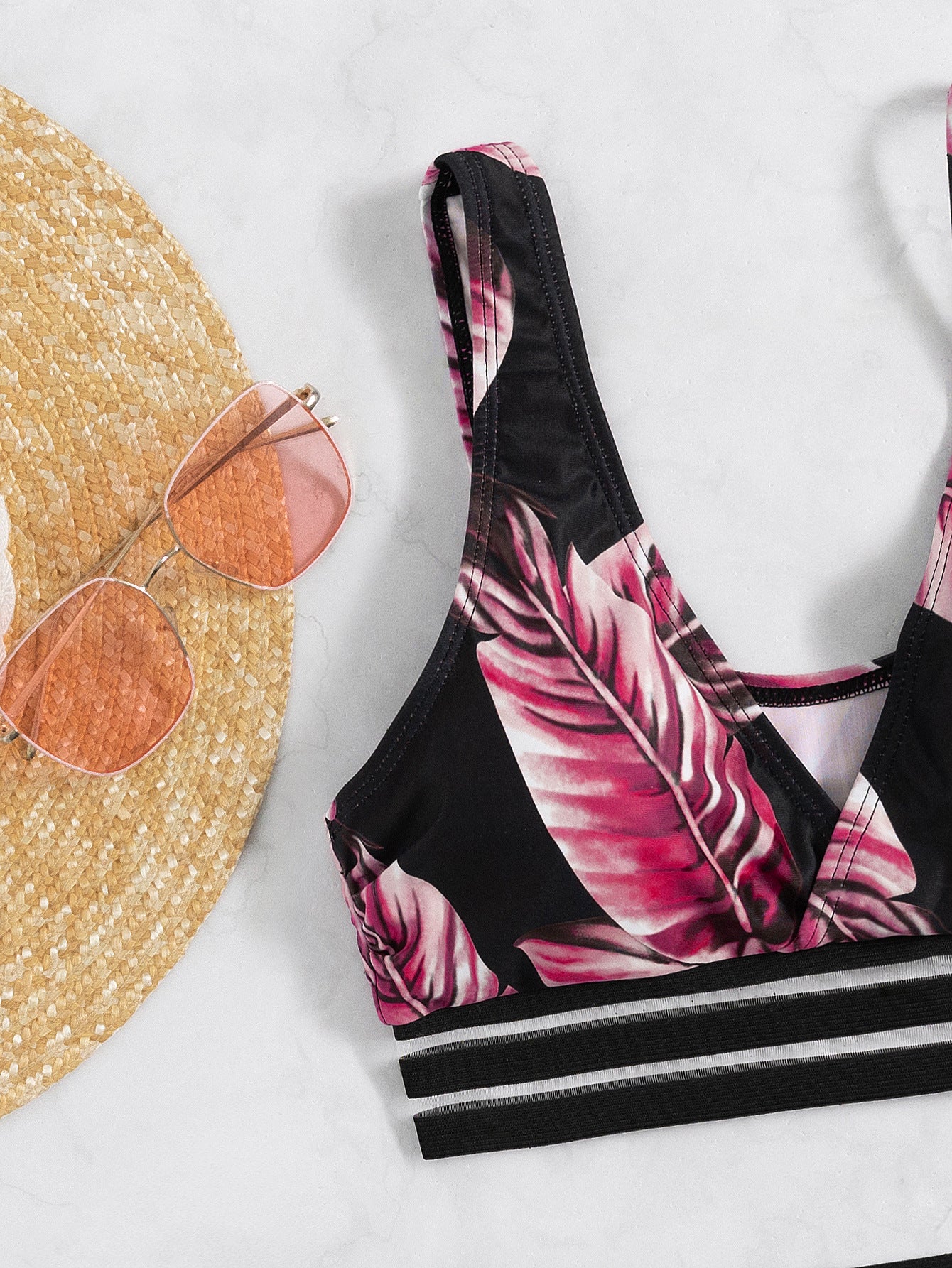 Leaf Print High-Waisted Two-Piece Bikini with Three-Stripe Straps