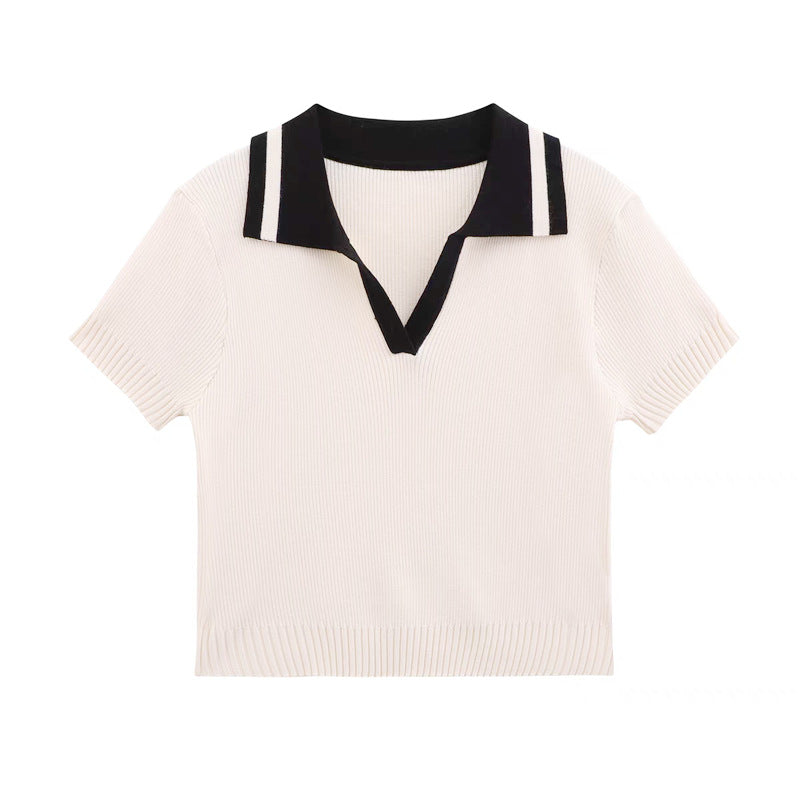 Color-Blocked Polo Collar Knitted Short-Sleeve T-Shirt for Women - Perfect for Summer
