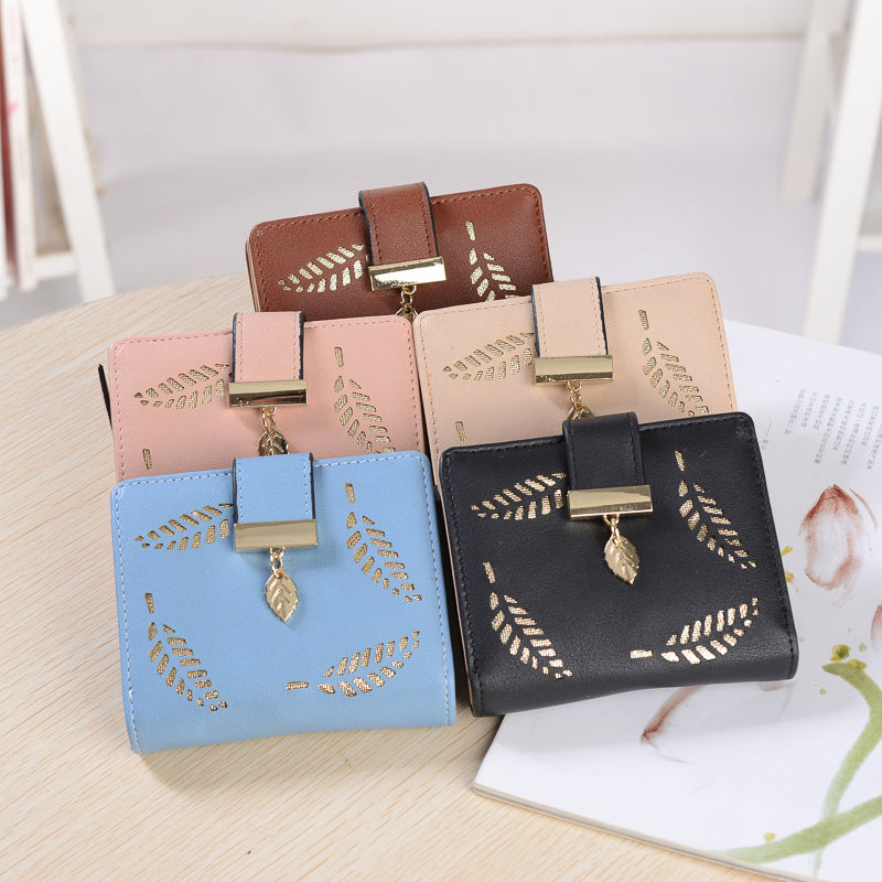 New Ladies Short Wallet Zipper Buckle Hollow Leaf Card Holder Small Wallet