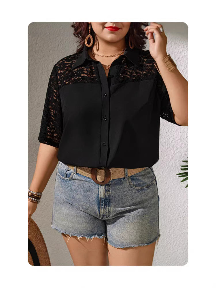Hollow-Out Lace Patchwork Loose Cardigan Shirt for Women, Lightweight Elegant Open Front Summer Top
