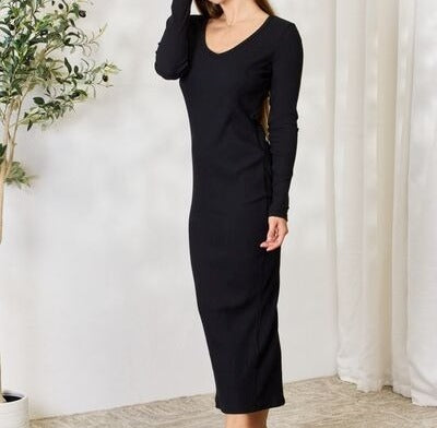 Women's Culture Code Full Size Ribbed Long Sleeve Midi Slit Dress