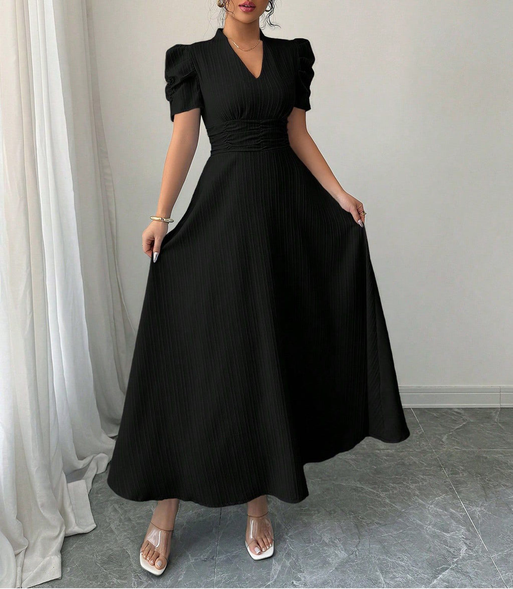 Women's French Style Puff Sleeve Maxi Dress with Fitted Waist, Square Neck, Lightweight Summer Long Dress