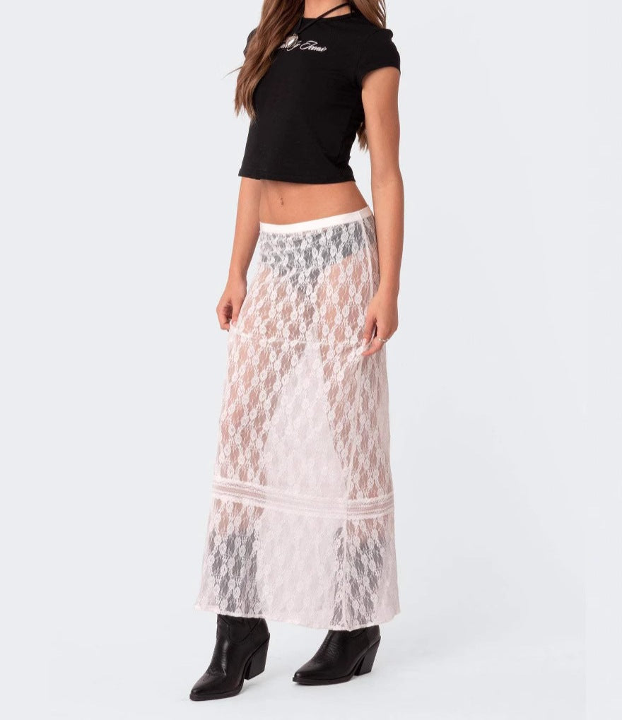 Hollow Lace See-Through Splicing Half-Length Beach Skirt for Women