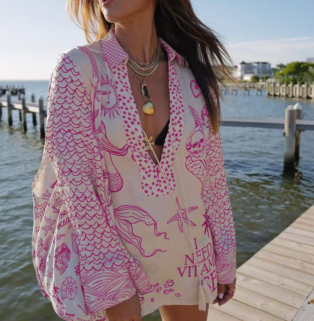 Summer Resort Print Casual Long-Sleeve Top & Shorts Two-Piece Set for Women