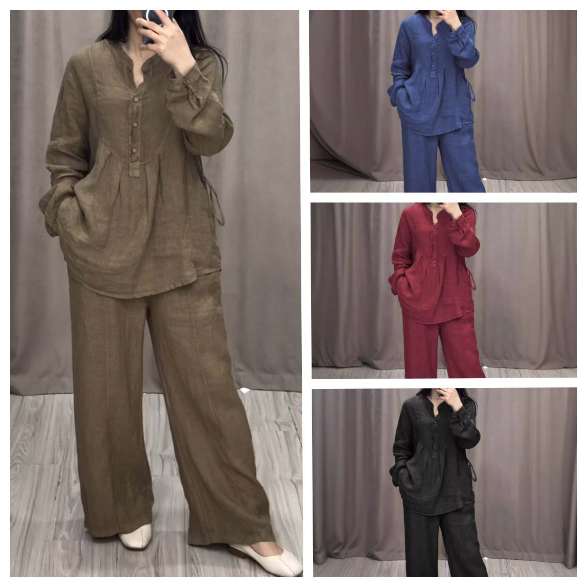 Women's Long Sleeve Half Cardigan Top and Pleated Wide Leg Pants Two-Piece Set