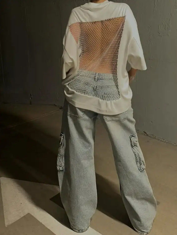 Women's Solid Color Round Neck Mid-Sleeve Loose Back Mesh Casual Top