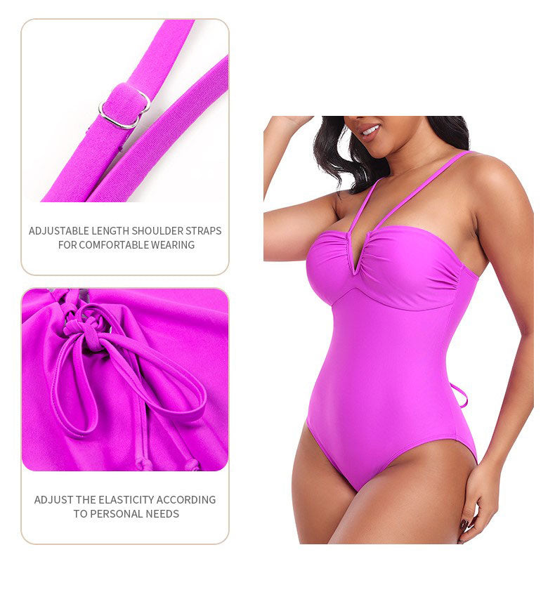 Strappy Triangle V-Neck Halter One-Piece Shaping Swimsuit with Tummy Control