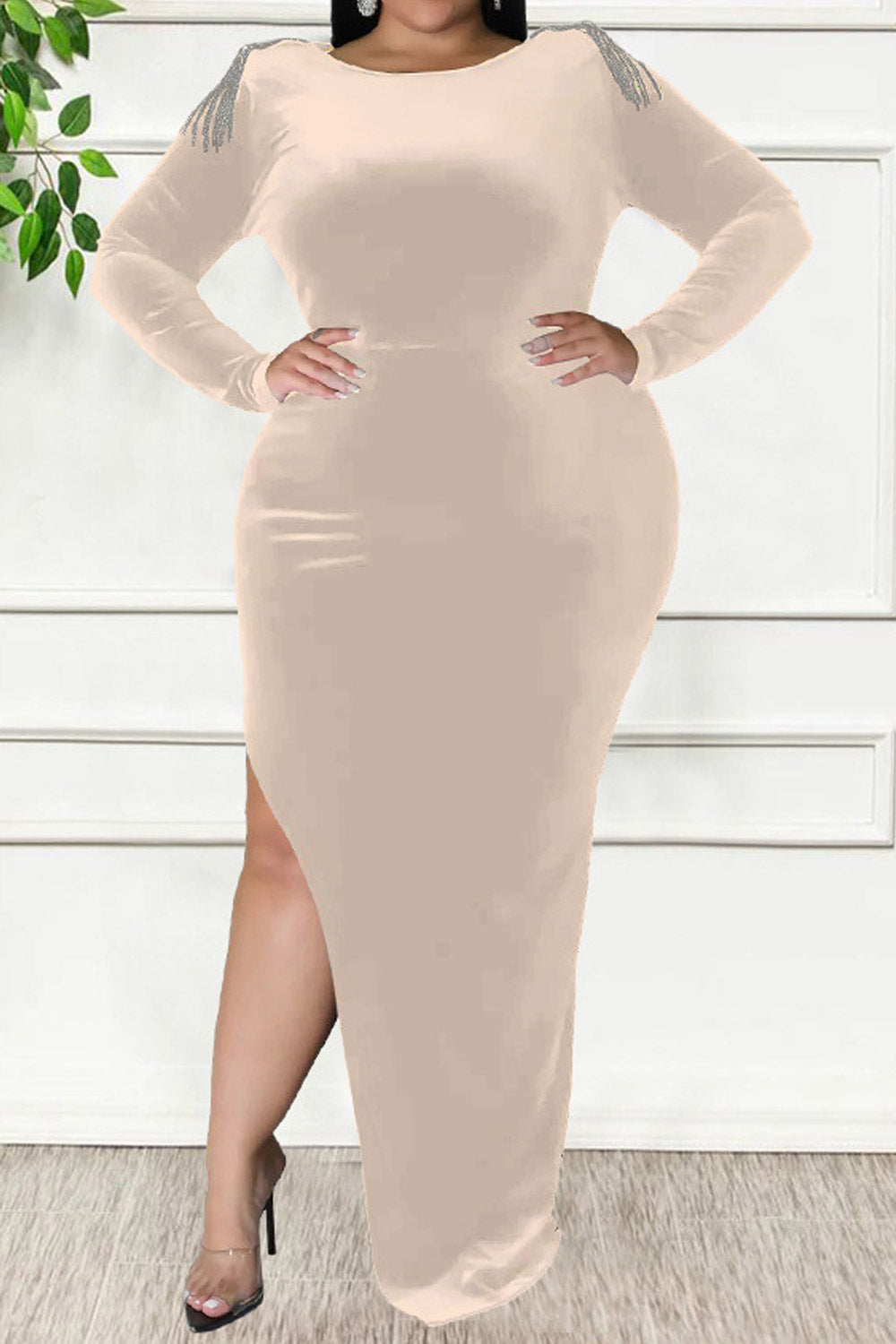 Women Plus Fashion Side Split Backless Round Neck Evening Party Dress