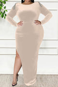 Women Plus Fashion Side Split Backless Round Neck Evening Party Dress