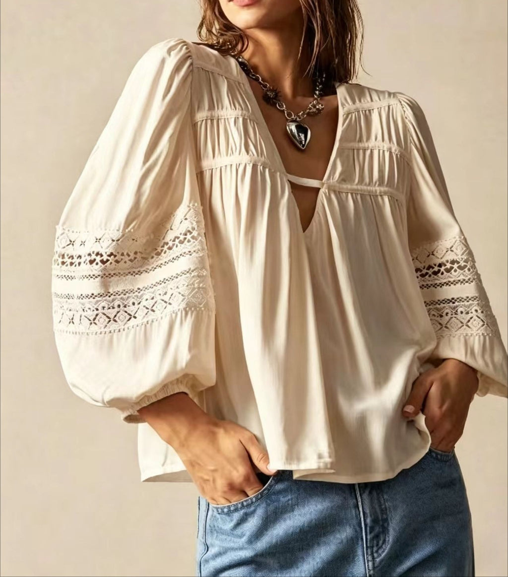 Bohemian Style Casual Solid Color Woven Top for Women – Relaxed Fit Everyday Fashion Blouse