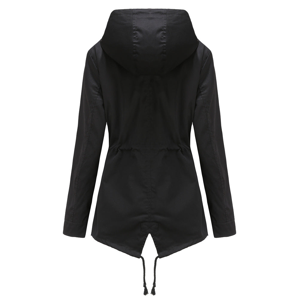 New Style Mid-Length Hooded Trench Coat – Long Sleeve Slim Fit Outdoor Raincoat