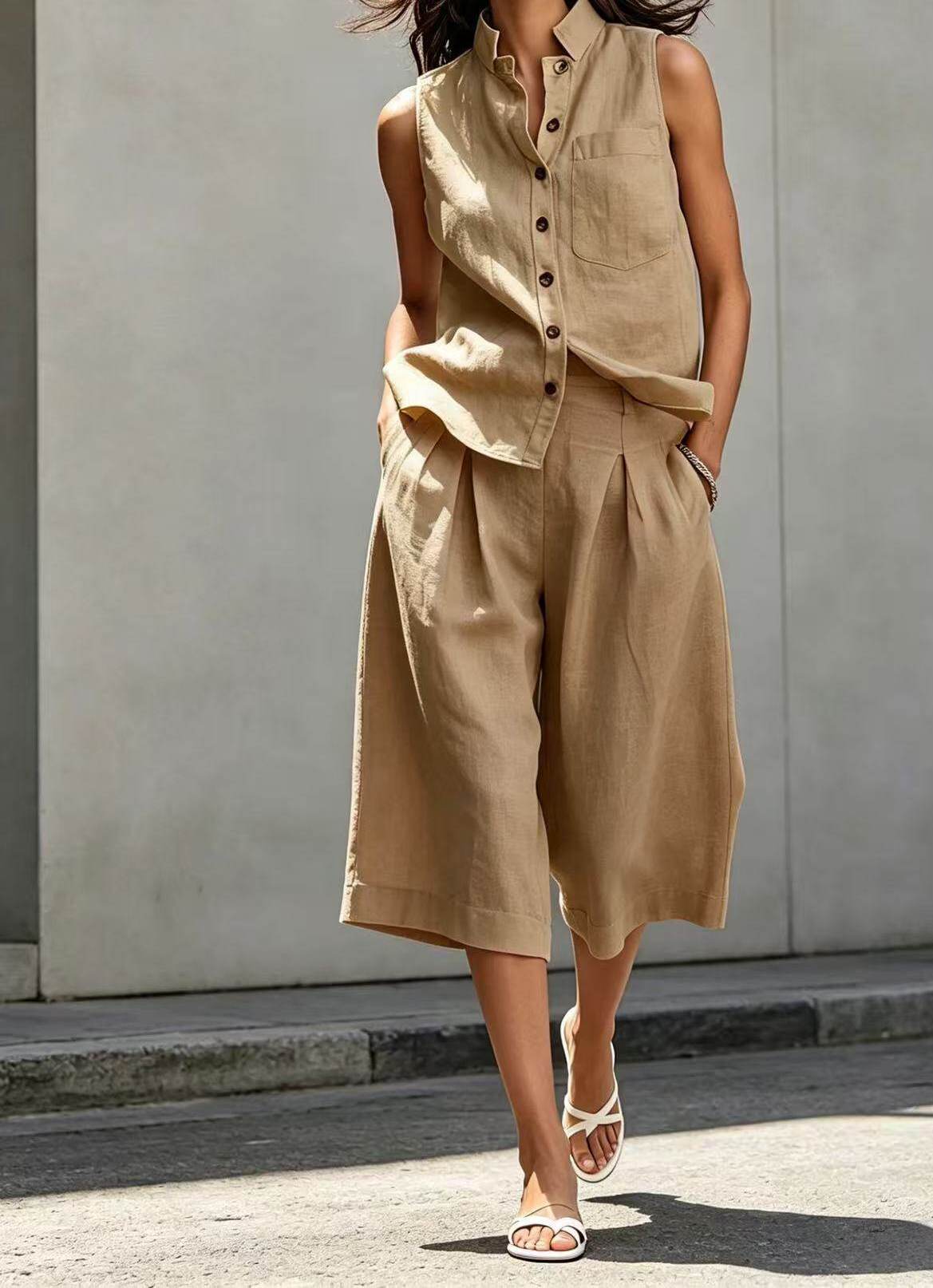 Women's Summer Casual Sleeveless Cotton Linen Shorts Set