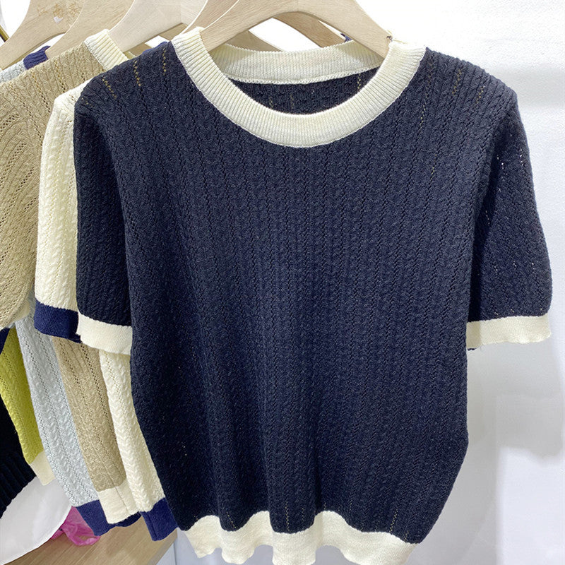 New Summer Color-Blocked Soft Knit Short-Sleeve Sweater for Women