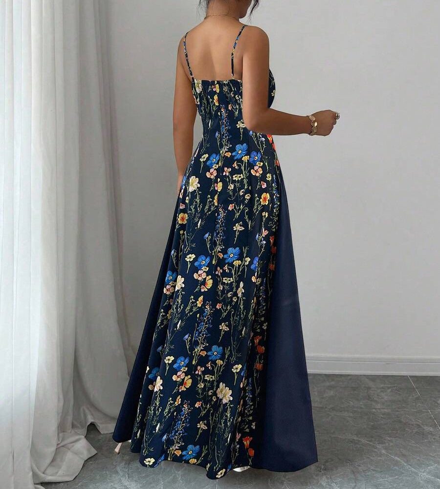 Women's Elegant Printed Strap Maxi Dress – Lightweight Sleeveless Summer Vacation Long Dress with Flowing Fit