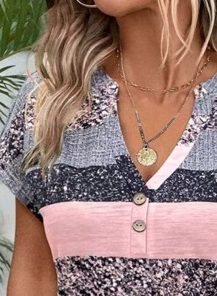 Summer New Elegant V Neck Short-Sleeved Color-Matching Versatile T-Shirt Top for Women