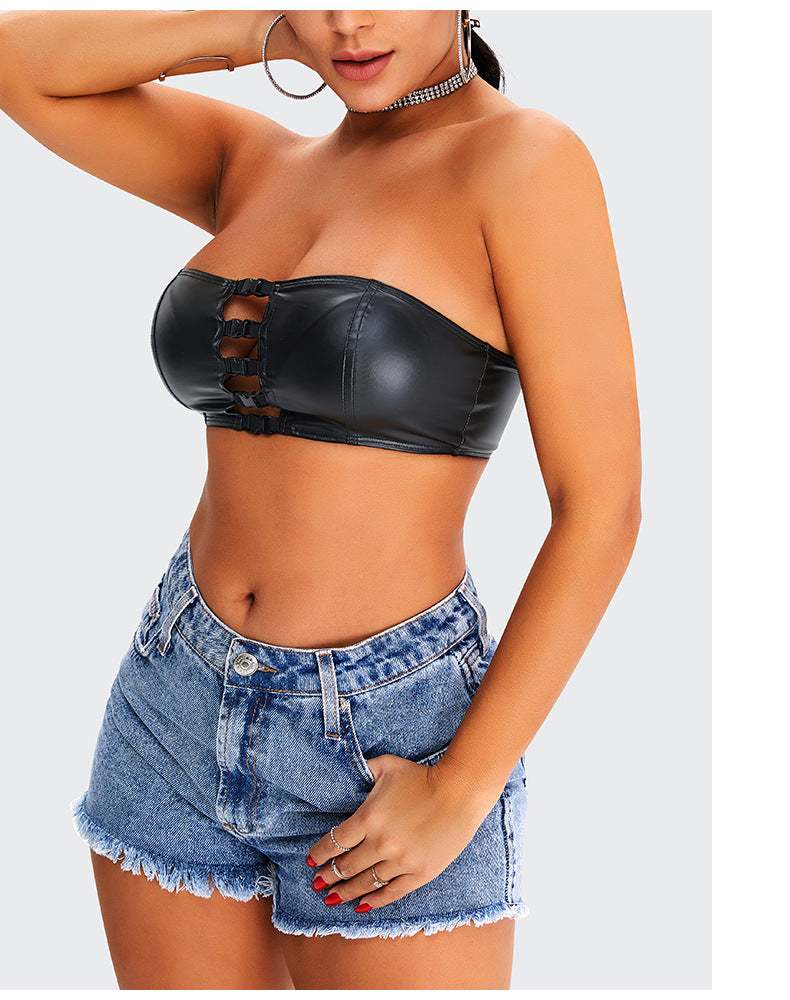 New Ins Elastic PU Nightclub Party Chest-Wrapped Jacket with Pocket Design