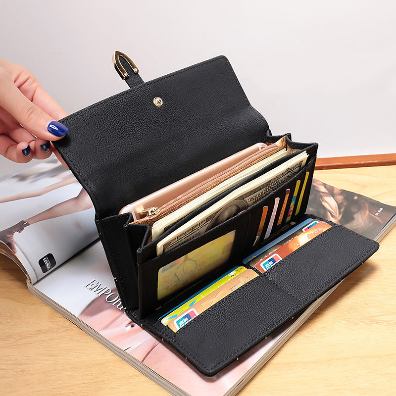 Women's Long Wallet with Japanese Embroidery, Retro Frosted Tri-Fold Design, Large Coin Purse