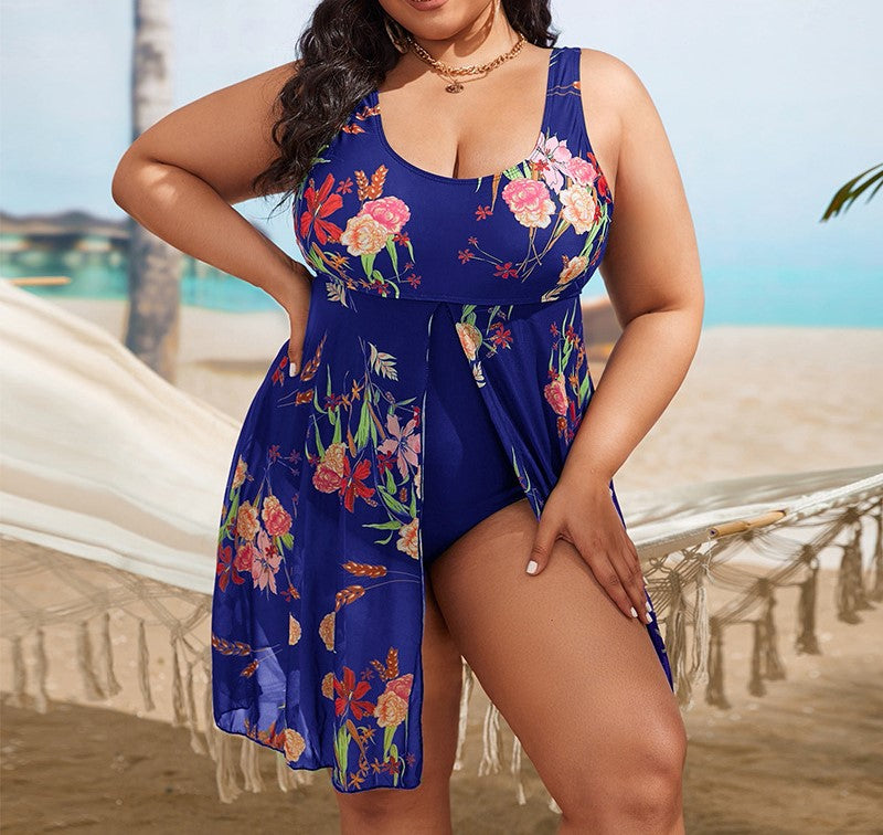 Plus Size One-Piece Swimsuit with Printed Mesh Skirt, Backless Beach Swimwear for Women