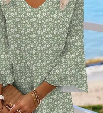 Women's Spring and Summer Floral Casual V-Neck Loose Simple Dress