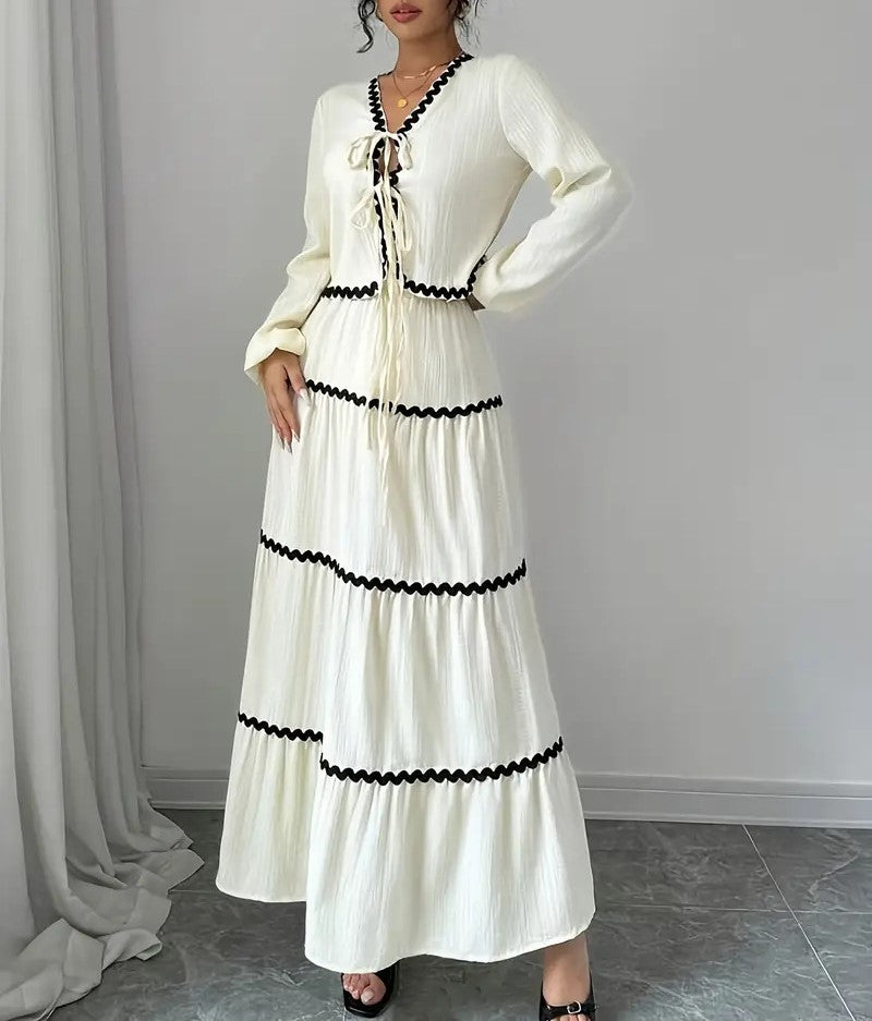 Women's Lace Layered Pleated Lantern Sleeve Bow Shirt and Matching Skirt Two-Piece Set