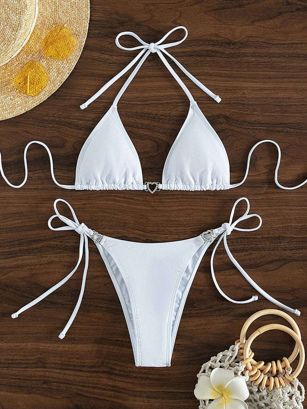 New Solid Color Lace-Up Halter Neck Bikini Triangle Two-Piece Swimsuit for Women