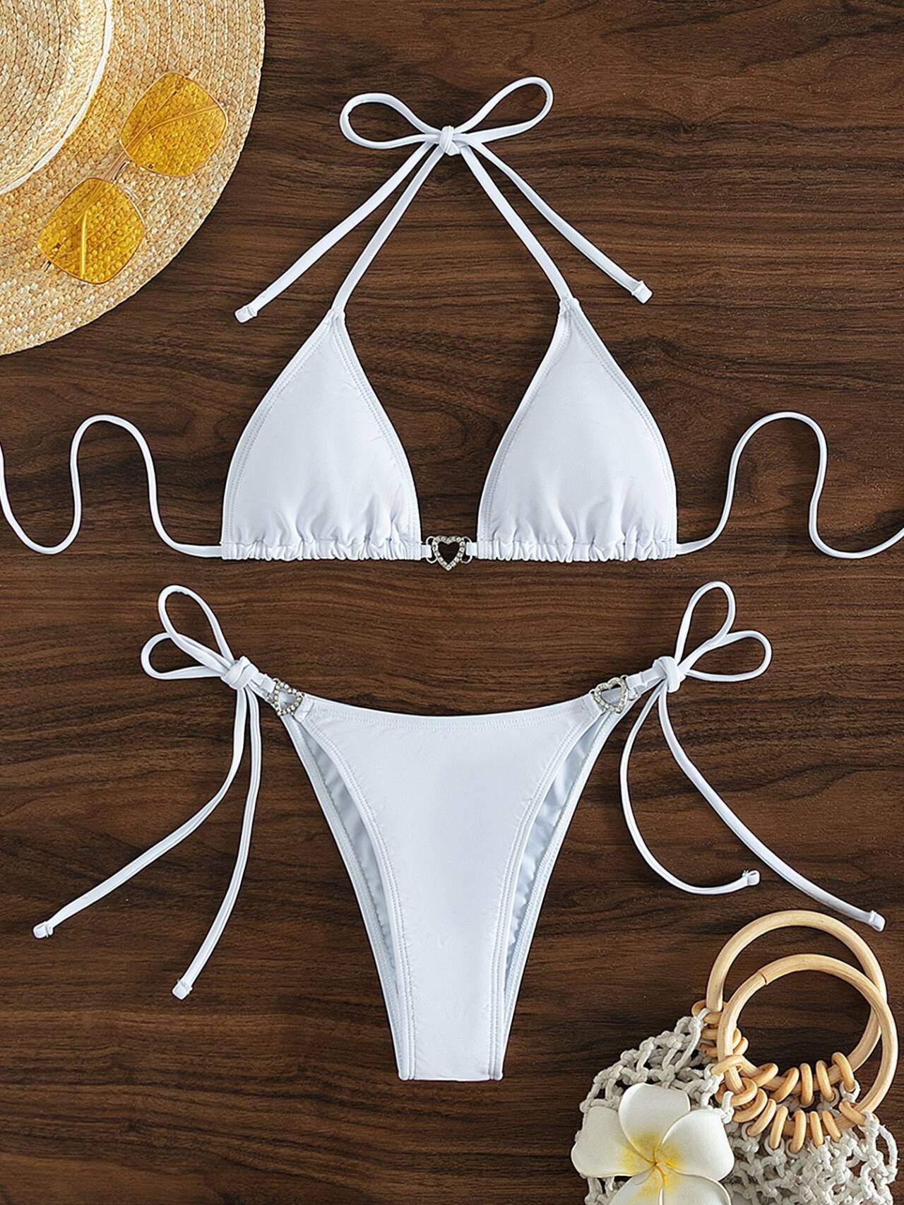 New Solid Color Lace-Up Halter Neck Bikini Triangle Two-Piece Swimsuit for Women