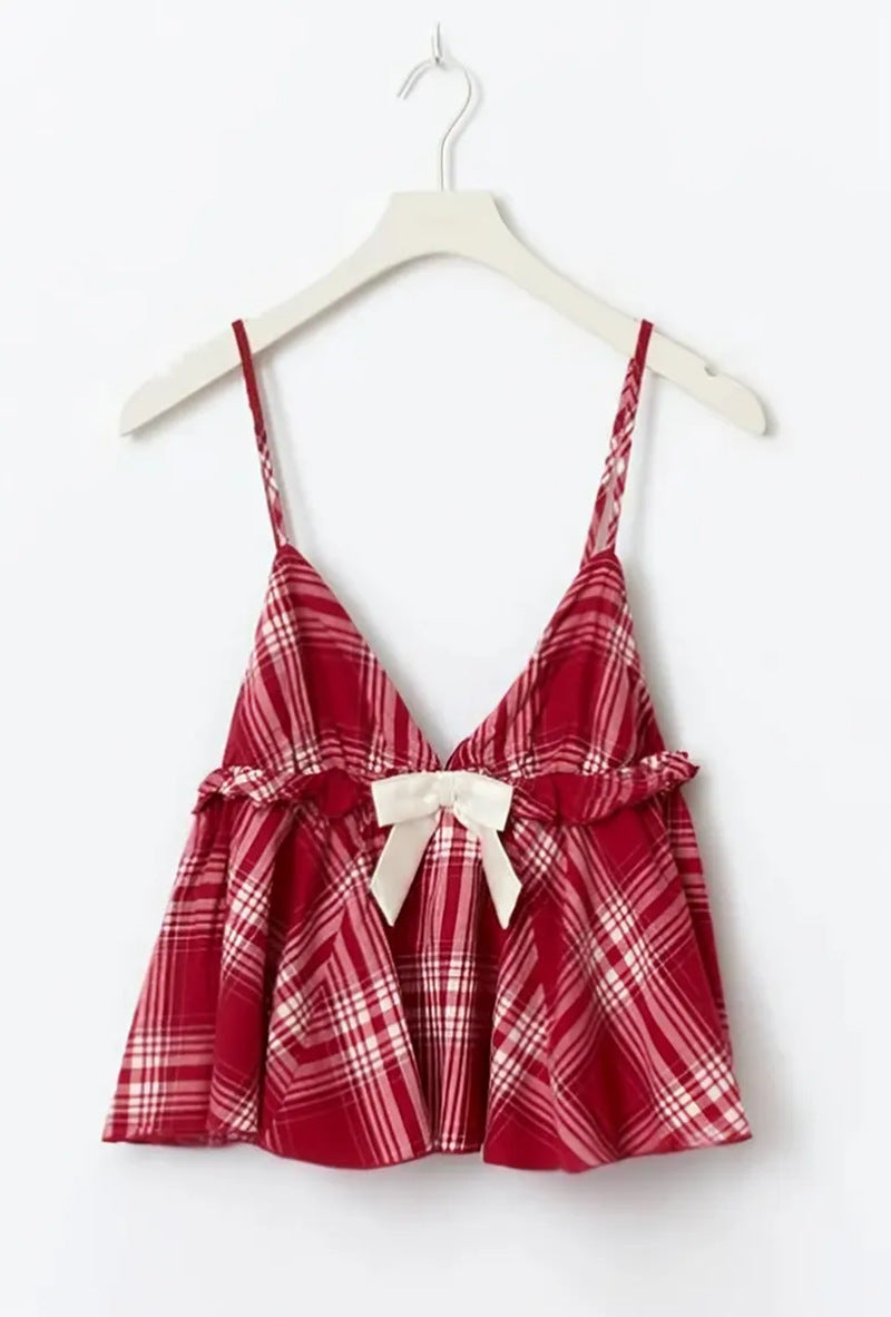 Women's Plaid Bow Detail Two-Piece Suit Set