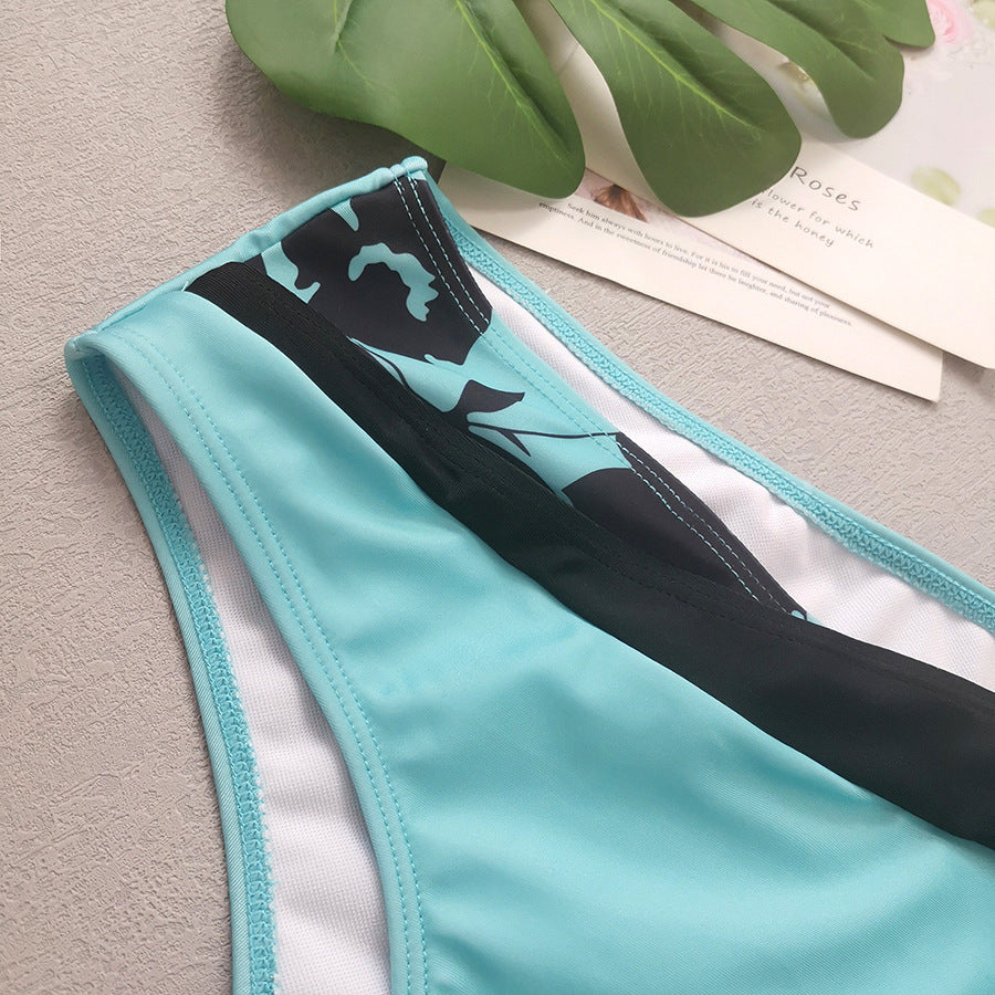 New Digital Print Cross V-Neck Bikini with High Waist Split Design