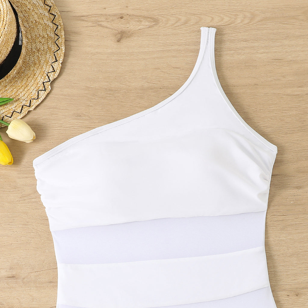 One-Piece Solid Color Single-Shoulder Mesh Stitching Beach Spring Women's Swimsuit Bikini
