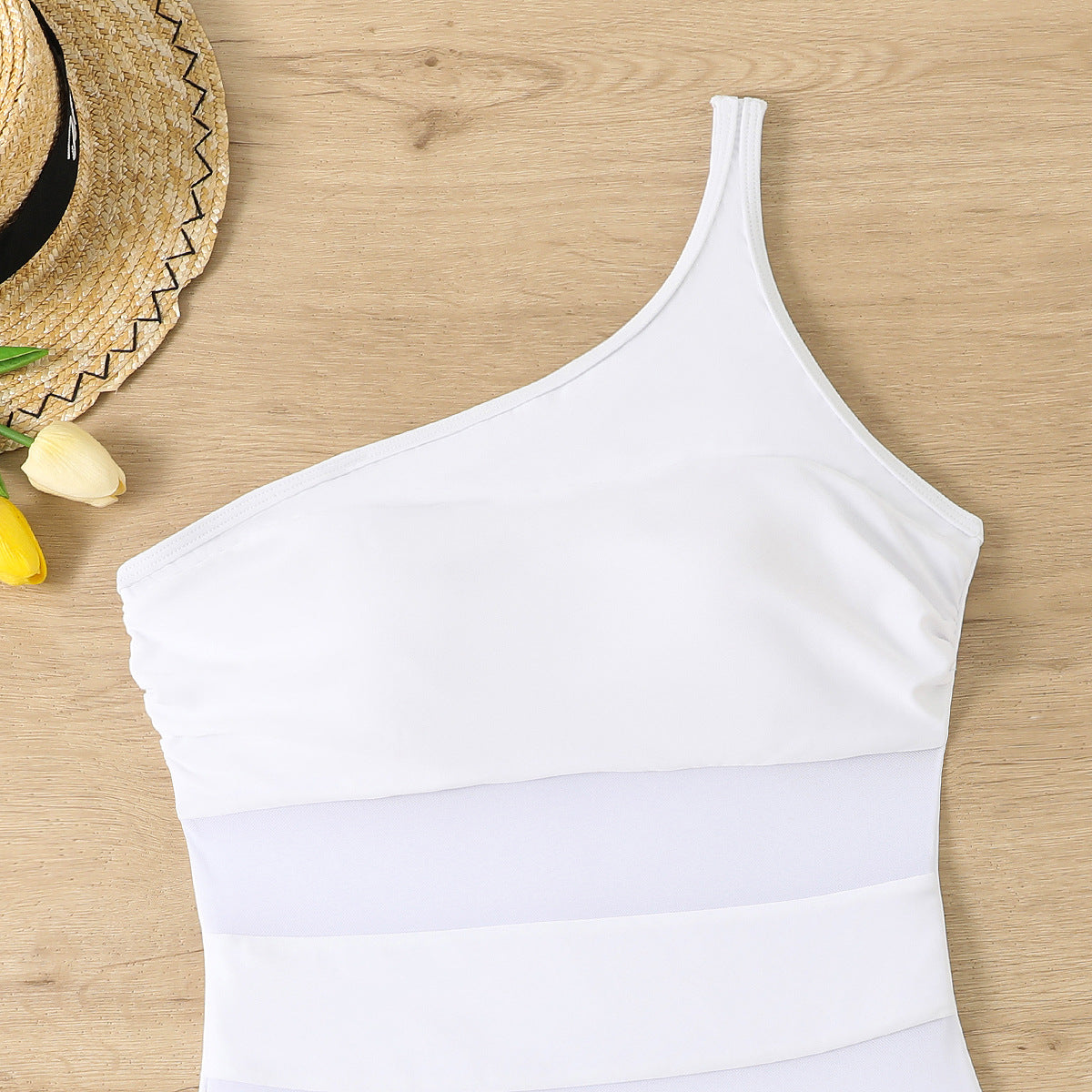 One-Piece Solid Color Single-Shoulder Mesh Stitching Beach Spring Women's Swimsuit Bikini