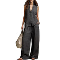 Spring Summer Casual Solid Color Sleeveless Top and Wide-Leg Pants Two-Piece Set