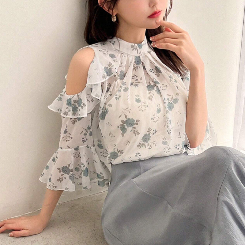 Women's Elegant Floral Chiffon Blouse - Summer Off-Shoulder Lightweight Top