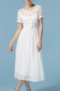Women Round Neck Pleated Waist Chiffon Dress