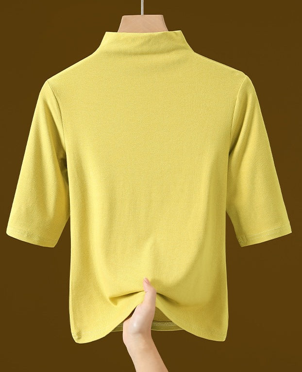 Women's Elegant White Turtleneck Mid-Sleeve Top - Classic High-Neck Fashion Shirt