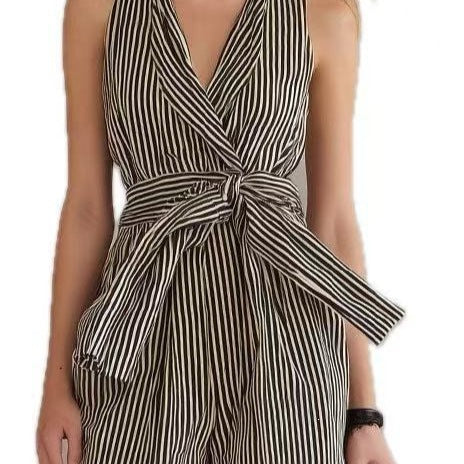 Women's Sleeveless Shirt and High-Waisted Wide-Leg Printed Stripe Pants Two-Piece Outfit Set