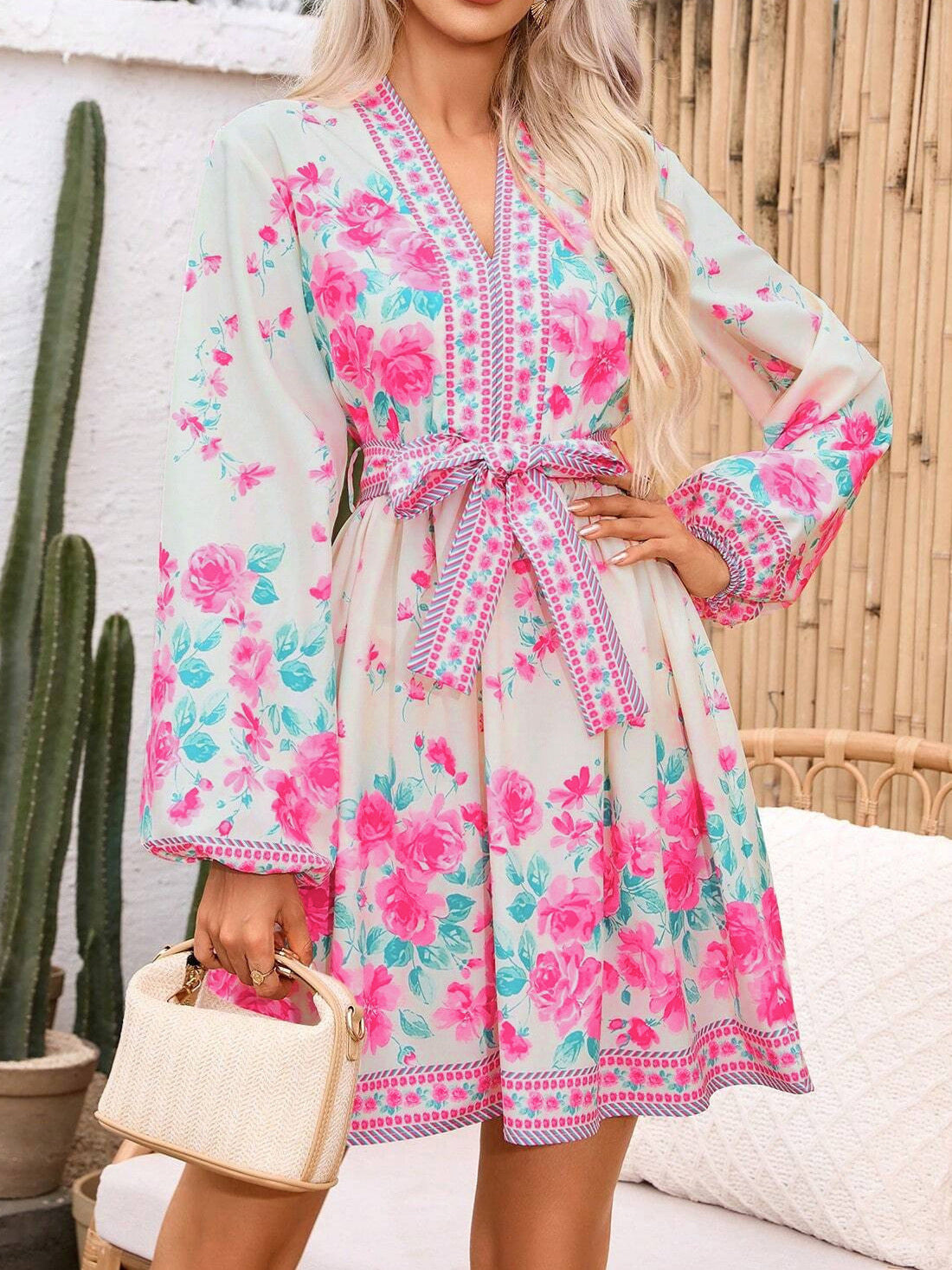 Women's Printed V-Neck Floral Long Sleeve Belted Lantern Sleeve Maxi Dress